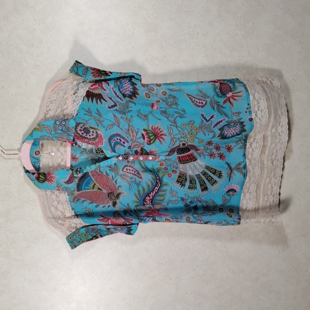 5198 Just Pearls turquoise floral print half button blouse L